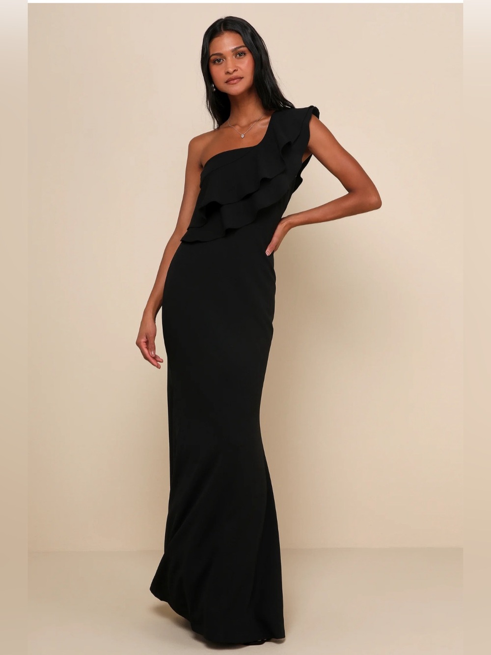 Lulus Grand Beauty Black Ruffled One-Shoulder Mermaid Maxi Dress Size Large NWT